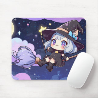 Alfombrilla De Ratón Cute Chibi Witch Flying in the Night Sky – Whimsic