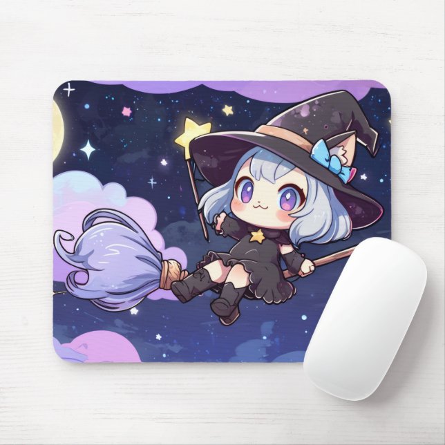 Alfombrilla De Ratón Cute Chibi Witch Flying in the Night Sky – Whimsic (Con ratón)