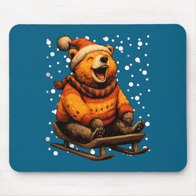 Alfombrilla De Ratón Cute Christmas Bear Sledding In Snow Funny Winter  (Frente)