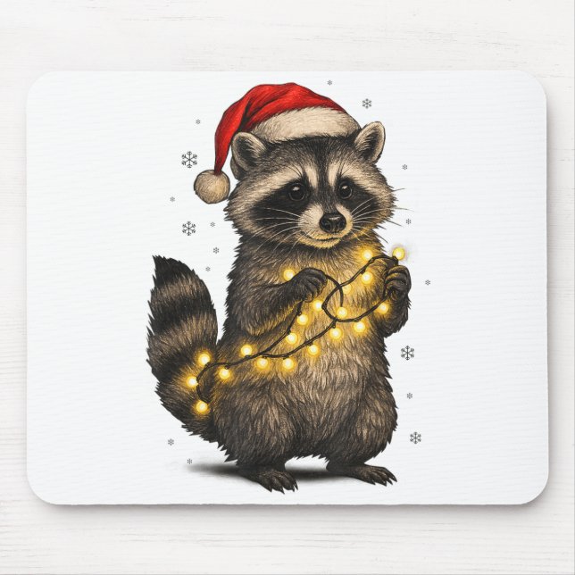Alfombrilla De Ratón Cute Christmas Raccoon Funny Holiday Lights Animal (Frente)