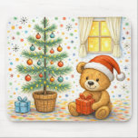 Alfombrilla De Ratón Cute Christmas Teddy Bear Tree Mousepad<br><div class="desc">Sweet Christmas mousepad featuring a smiling teddy bear in a Santa hat holding a gift beside a decorated Christmas tree,  colorful presents,  a glowing window,  and festive retro-style confetti stars. Soft red,  green,  blue,  and gold accents give this cozy holiday design a cheerful seasonal look for any desk.</div>