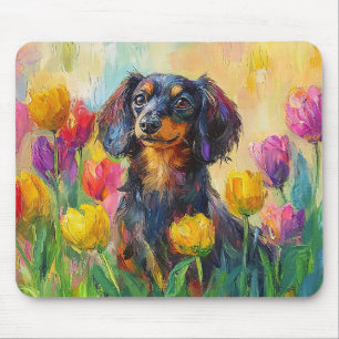 Alfombrilla De Ratón Cute Dachshund Colorful Tulips Pintura