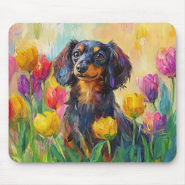 Alfombrilla De Ratón Cute Dachshund Colorful Tulips Pintura (Frente)