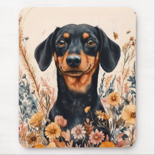 Alfombrilla De Ratón Cute Dachshund con pintura de flores silvestres