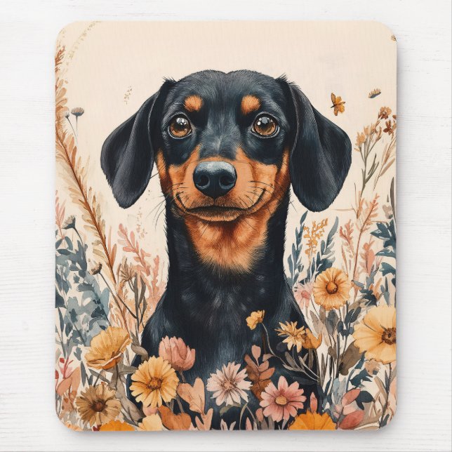 Alfombrilla De Ratón Cute Dachshund con pintura de flores silvestres (Frente)
