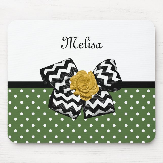 Alfombrilla De Ratón Cute Green Dots Yellow Rose Chevron Bow and Name (Frente)