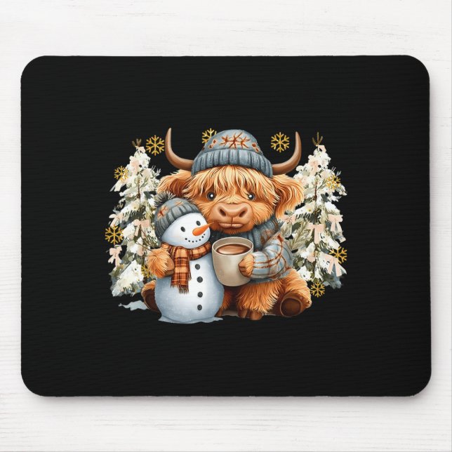 Alfombrilla De Ratón Cute Highland Cow With Snowman Hot Cocoa Christmas (Frente)