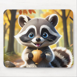 Alfombrilla De Ratón Cute Kawaii estilo Racoon sosteniendo una bellota