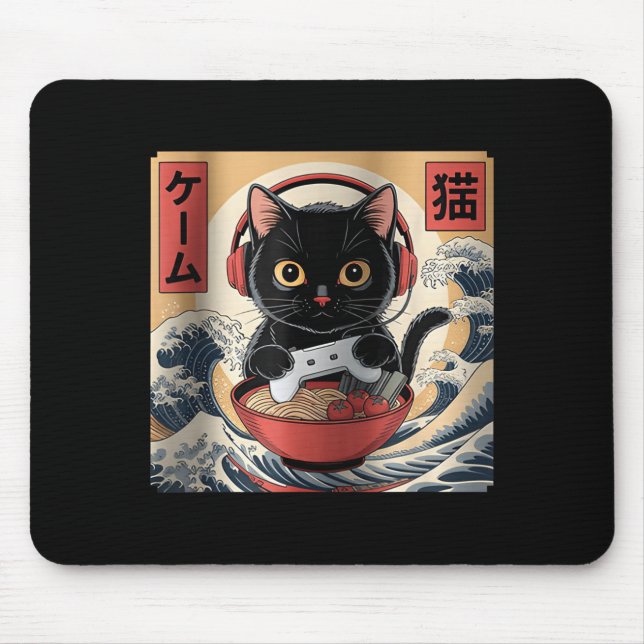 Alfombrilla De Ratón Cute Kawaii Gamer Cat Funny Ramen Retro Japanese C (Frente)