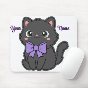 Alfombrilla De Ratón Cute Kawaii Gato Negro Sentado con Lazo Morado Per
