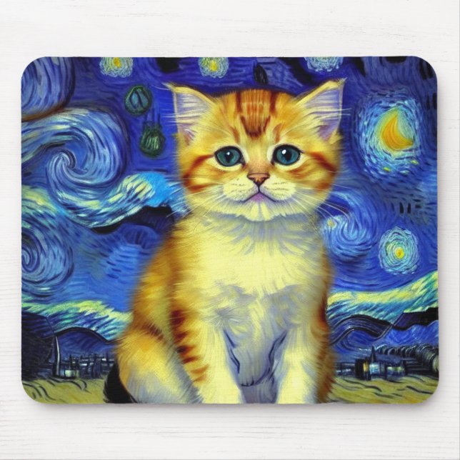 Alfombrilla De Ratón Cute Kitten Starry Night Van Gogh (Frente)