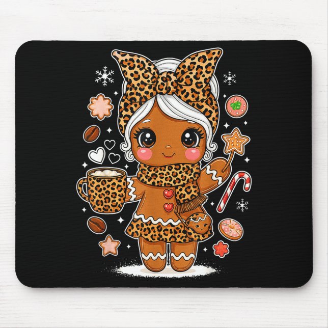 Alfombrilla De Ratón Cute Leopard Gingerbread Girl Coquette Bow Holiday (Frente)
