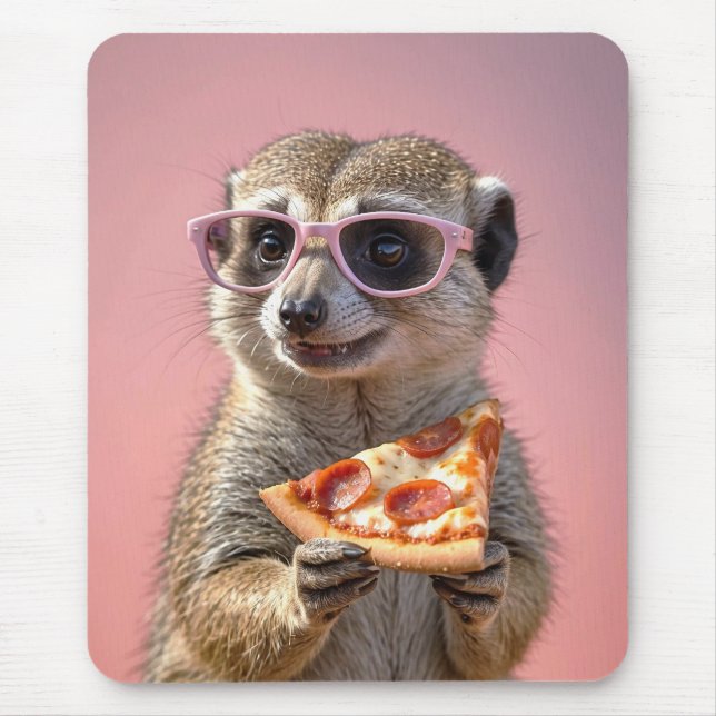 Alfombrilla De Ratón Cute Meerkat con gafas y pizza (Frente)