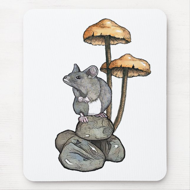 Alfombrilla De Ratón Cute Mouse Standing on Rocks, with Mushrooms (Frente)