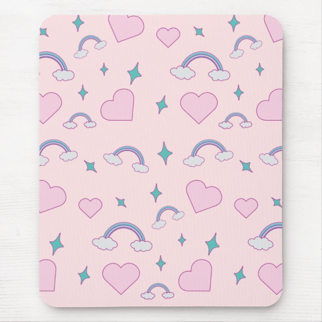 Alfombrilla De Ratón Cute Pastel Hearts & Rainbow Pattern | Kawaii Pink (Frente)