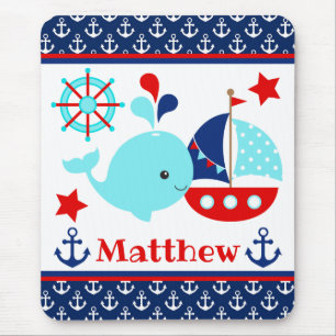 Alfombrilla De Ratón Cute Patrón de ballena azul náutica y anclas