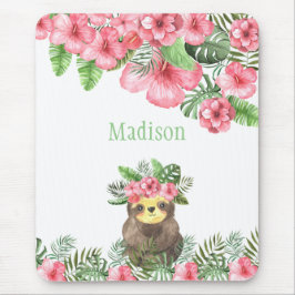 Alfombrilla De Ratón Cute Pink Floral Hawaiian Sloth Animal Name
