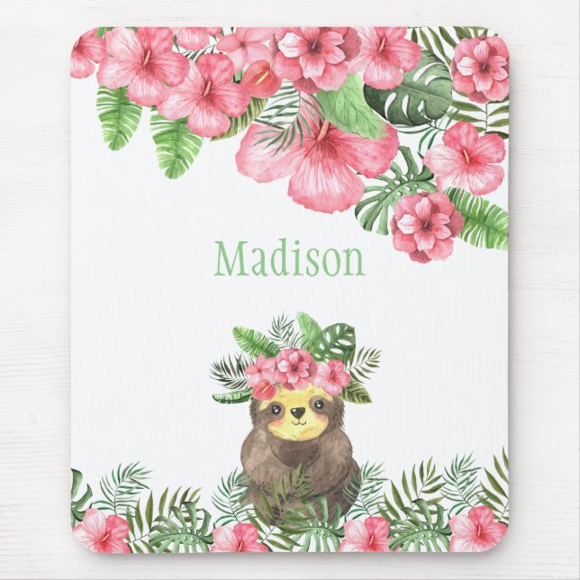 Alfombrilla De Ratón Cute Pink Floral Hawaiian Sloth Animal Name (Frente)