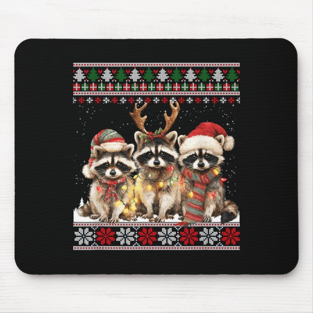 Alfombrilla De Ratón Cute Raccoon Santa Christmas Lights Ugly Xmas Swea (Frente)