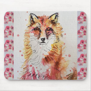 Alfombrilla De Ratón Cute Red Fox Watercolor Pintando amapola de ratón