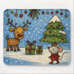 Alfombrilla De Ratón Cute Reindeer and Mouse Christmas Mousepad<br><div class="desc">Adorable Christmas mousepad featuring a sweet reindeer and a little mouse in a scarf beside wrapped gifts,  a snow-covered Christmas tree,  festive garland,  and falling snow. Rich red,  green,  blue,  and cream tones give this whimsical holiday design a cozy storybook feel that brightens any desk during the Christmas season.</div>