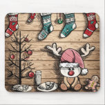 Alfombrilla De Ratón Cute Reindeer Stockings Christmas Mousepad<br><div class="desc">Cozy Christmas mousepad featuring a cute reindeer in a Santa hat beside hanging stockings, a rustic wood background, a minimalist ornament tree, milk and cookies, holly garland, and a gingerbread cookie. Red, teal, cream, and natural wood tones give this festive design a warm rustic holiday look for seasonal desk decor....</div>