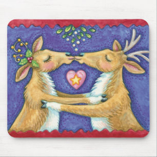 Alfombrilla De Ratón Cute Reno de Navidad, Beso Romántico con Muérdago