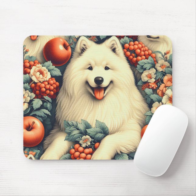 Alfombrilla De Ratón Cute Samoyed Floral Pintura (Con ratón)