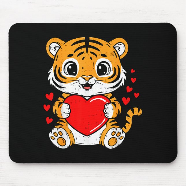 Alfombrilla De Ratón Cute Tiger Holding Heart Kawaii Valentines Day Men (Frente)