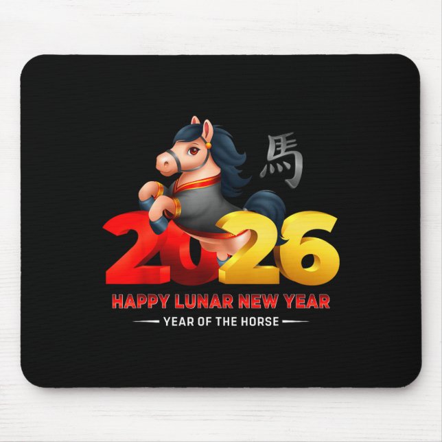 Alfombrilla De Ratón Cute Year Of The Horse -black Fun Happy Lunar New  (Frente)