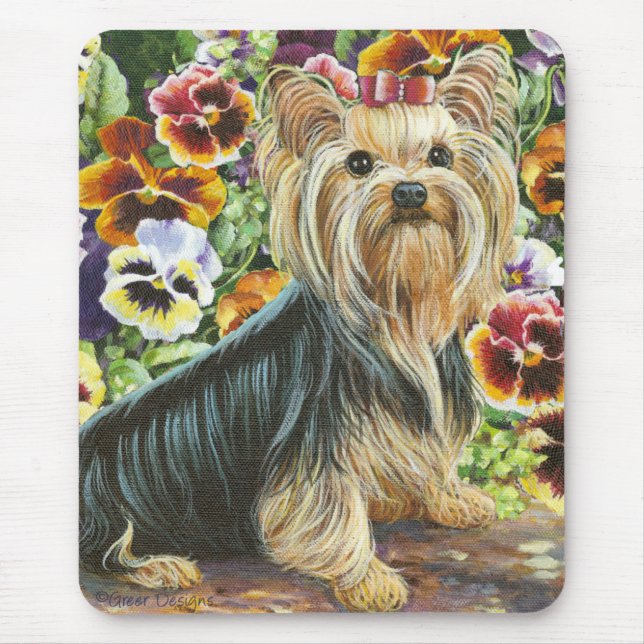 Alfombrilla De Ratón Cute Yorkshire Terrier en las Pansies Mousepad (Frente)