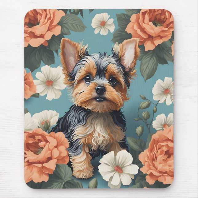 Alfombrilla De Ratón Cute Yorkshire Terrier Puppy Floral (Frente)