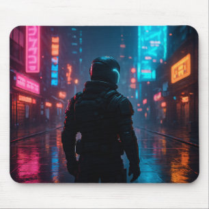 Alfombrilla De Ratón Cyberpunk Neon Warrior Mousepad - Futurista Sci-F