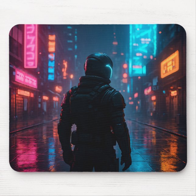Alfombrilla De Ratón Cyberpunk Neon Warrior Mousepad - Futurista Sci-F (Frente)