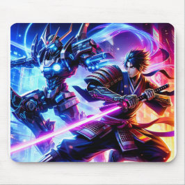 Alfombrilla De Ratón CyberSamurai vs. Mech Warrior-Neon Battle Mousepad