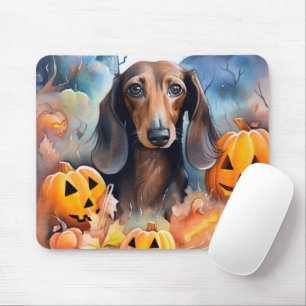 Alfombrilla De Ratón Dachshund de Halloween con calabazas espeluznante