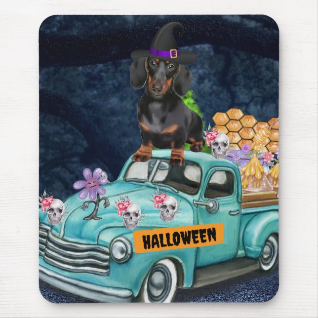 Alfombrilla De Ratón Dachshund Dog Halloween Camión Noche de miedo (Frente)