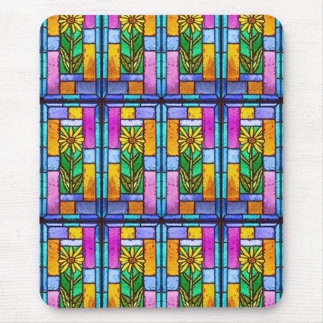 Alfombrilla De Ratón Daisy amarillo de vidrio manchado (Frente)