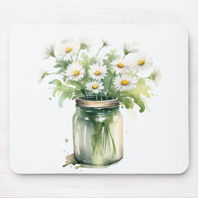 Alfombrilla De Ratón Daisy Bouquet De Acuarela En Mason Jar (Frente)