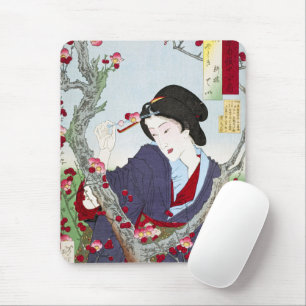 Alfombrilla De Ratón Dama japonesa de chinoiserie y flor de cerezo roja