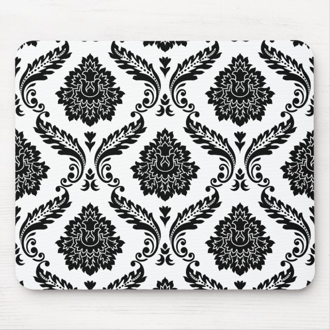 Alfombrilla De Ratón Damascado Rococó Gran Patrón Negro sobre Blanco (Frente)