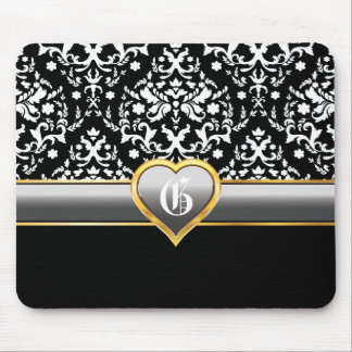 Alfombrilla De Ratón Damasco blanco negro, monograma de corazón gris pl
