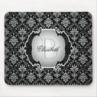 Alfombrilla De Ratón Damasco blanco y negro del monograma