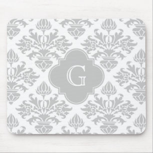 Alfombrilla De Ratón Damasco Floral Blanco Gris Lg #3 Monograma Gris