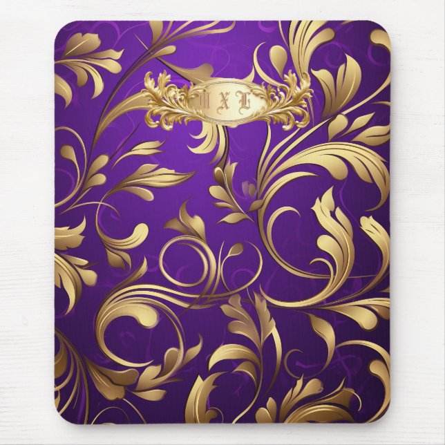 Alfombrilla De Ratón Damasco morado y dorado monogramado (Frente)