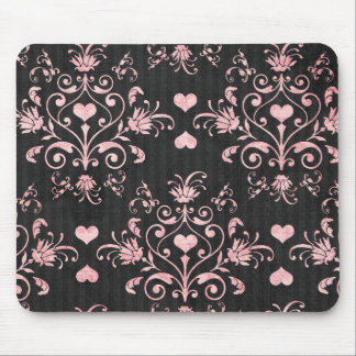 Alfombrilla De Ratón damasco rosa de corazón bonito en negro lavado