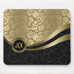 Alfombrilla De Ratón Damascos florales monogramados de color negro y or