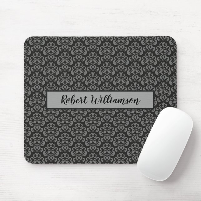 Alfombrilla De Ratón Damask negro y gris monogramado (Con ratón)