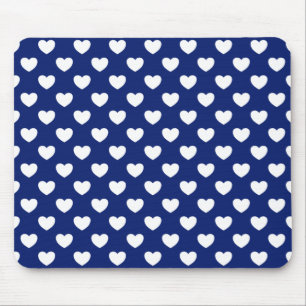Alfombrilla De Ratón Dark Blue With White Hearts Polka Dot Pattern