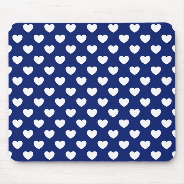 Alfombrilla De Ratón Dark Blue With White Hearts Polka Dot Pattern (Frente)